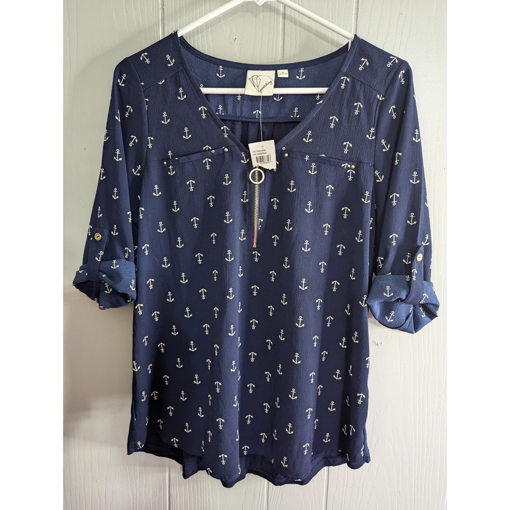 Janet Chung womens S anchor nautical shirt top blouse zippered neck NWT